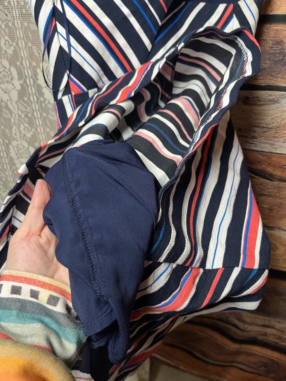 Adelyn Rae Striped V-Neck Fit & Flare Dress in Navy, White & Coral - Picture 7 of 9